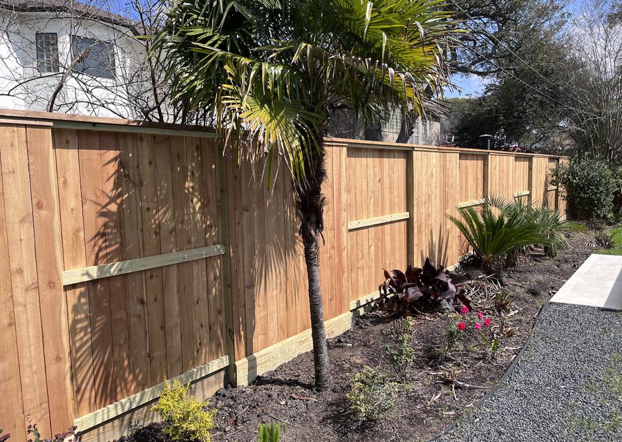 Cedar privacy fence with cap and trim beside landscaped planting